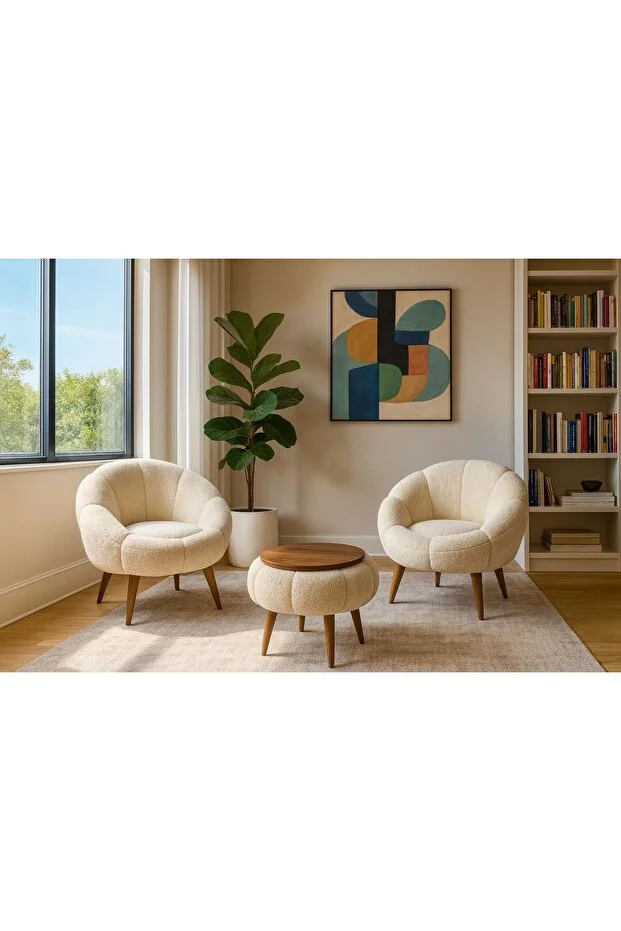 LİDA Krem Wellsoft Peluş Kumaş İkili Berjer Seti ÖZEL SEHPALI 